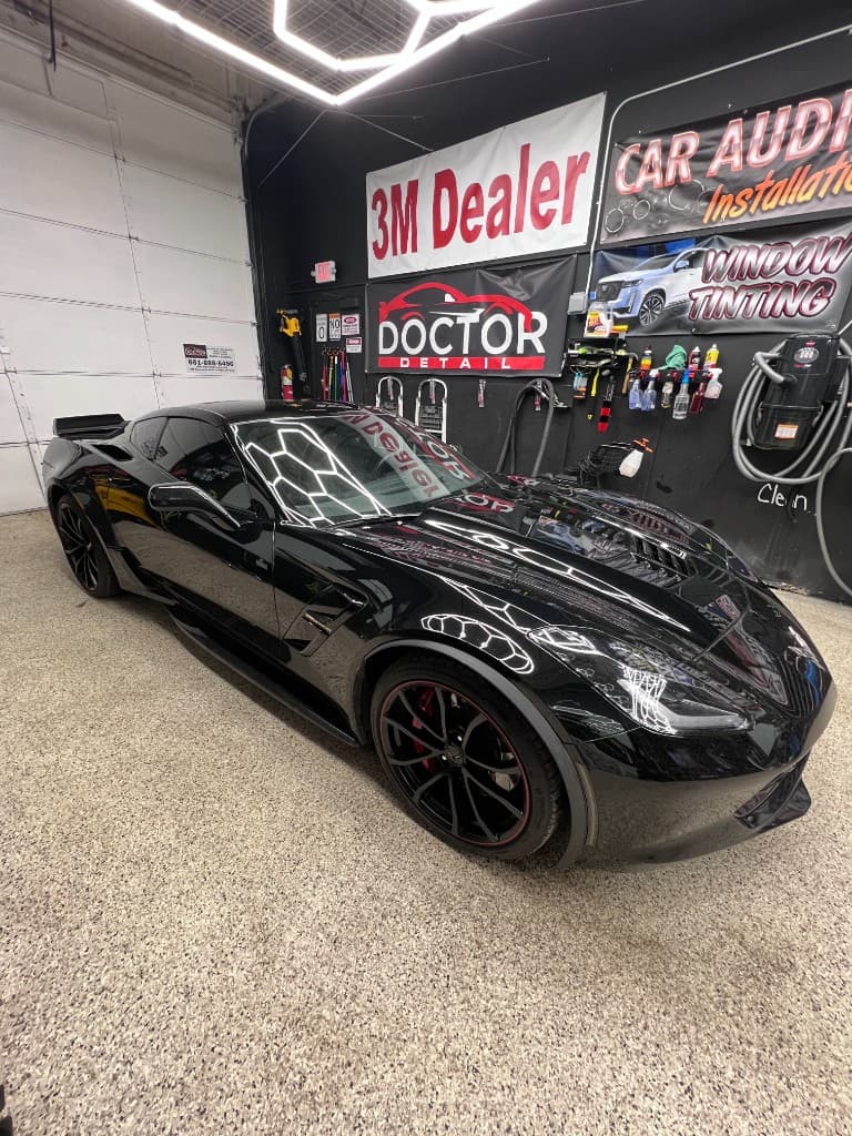 Black Corvette with paint protection film at Doctor Detail shop — Eagan MN